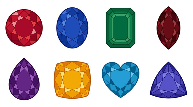 Various colorful gemstones in different shapes and cuts on white background