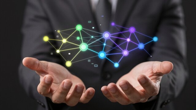 A businessman holds a glowing digital knowledge graph representing interconnected data points and networks.