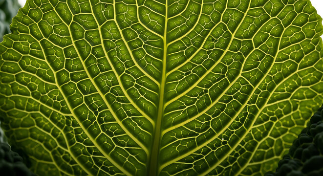 Macro shot of a vibrant green cabbage leaf with intricate vein patterns