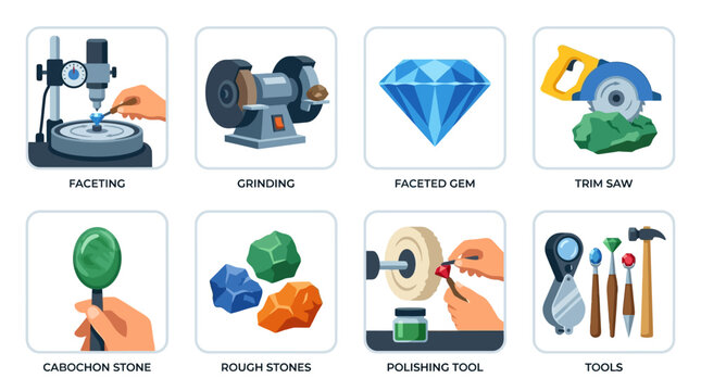 Gemstone cutting process steps illustrated with faceting, grinding, and polishing tools and techniques for transforming rough stones into faceted gems