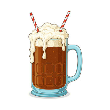 Blue mug of brown root beer with foam and straws brown drink