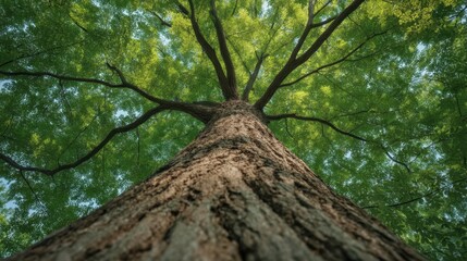 Fototapeta premium Majestic Tall Tree with Lush Green Leaves Reaching Towards a Clear Blue Sky in Vibrant Nature Landscape
