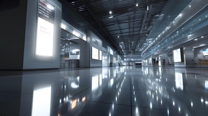 Obraz premium Modern Architectural Panorama: A sleek, expansive interior shot of a modern structure, its polished floor reflecting the ambient lighting and leading the eye towards the vanishing point.