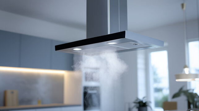Stainless steel kitchen range hood extracting smoke and cooking fumes during food preparation in modern kitchen interior