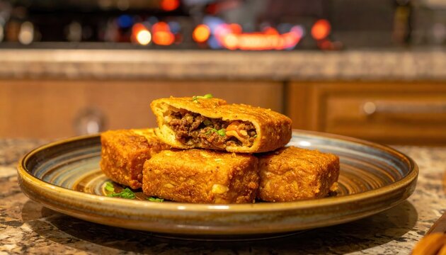 Hearty Hakka Stuffed Tofu With Savory Meat Filling, Pan-Fried To Golden Perfection.
