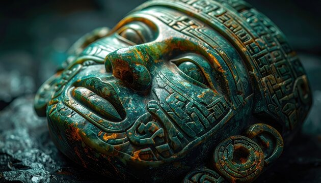 Intricate Olmec Jade Mask with Ancient Glyphs, Showcasing Detailed Carvings and Smooth Contours.