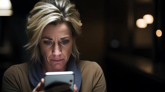 Focused woman interacting with her smartphone in a dimly lit room after sunset. The glowing screen illuminates her face as she sends a message or browses content