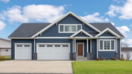 Fototapeta premium Elegant Blue House with White Trim and Inviting Entrance Surrounded by Lush Green Lawn Under a Clear Sky