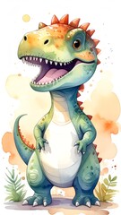 Naklejka premium Minimalist watercolor illustration of Cute cartoon tyrannosaurs rex character