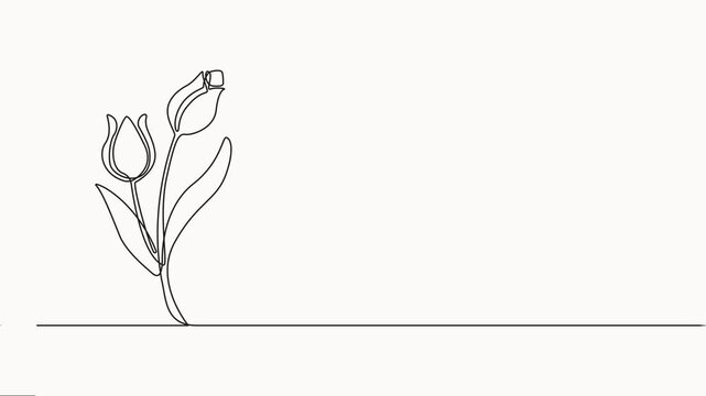 Tulip Continuous one line drawing of beautiful spring flowers graphic animation, Single line art of tulip on white background, Aesthetic moving banner with hand drawn blooming flowers or plants.