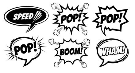 Set of Comic Speech Bubbles with Sound Effects like Pop Boom Wham and Speed © REZA