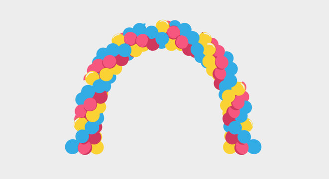 A vibrant and colorful balloon arch made of blue, pink, and yellow balloons, perfect for celebrations and festive events.