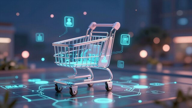 A futuristic shopping cart surrounded by glowing digital icons and circuit patterns, symbolizing AI-driven personalization in e-commerce.