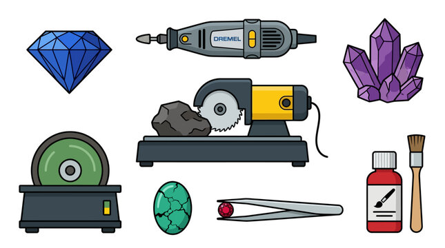 Rock and gemstone cutting tools with diamond crystal and mineral specimens