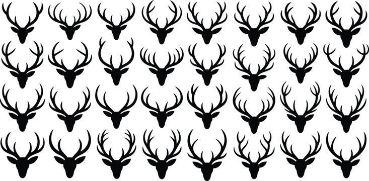 Repeating grid pattern of many black deer heads with large antlers on a bright white background