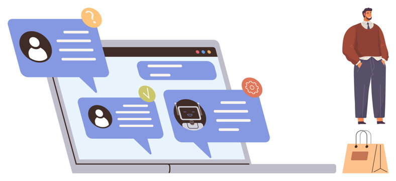 Customer assistance, online communication, e-commerce, user interface, virtual shopping, technology interaction. Laptop with chat bubbles and a standing person. Customer assistance and online