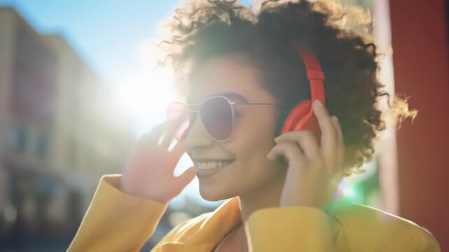 A young woman with curly hair and sunglasses walks happily on a sunny city street. She wears orange headphones and smiles broadly while enjoying her music. The sun shines brightly behind her