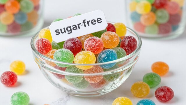 A clear glass bowl filled with vibrant, sugar-free gummy candies in various colors and textures.