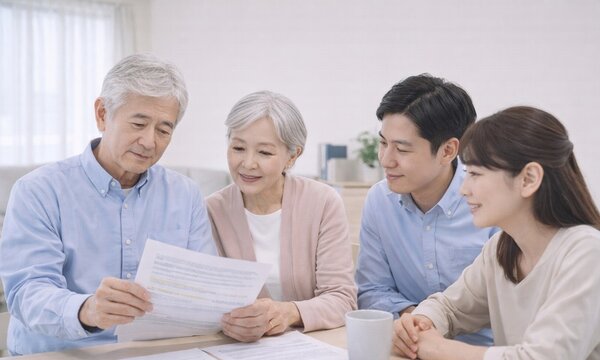 家族で書類を確認するシニア夫婦と子供世代 相続や契約の相談イメージ