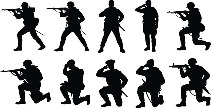 Set of ten soldier silhouettes in black showing various combat actions and ceremonial salutes