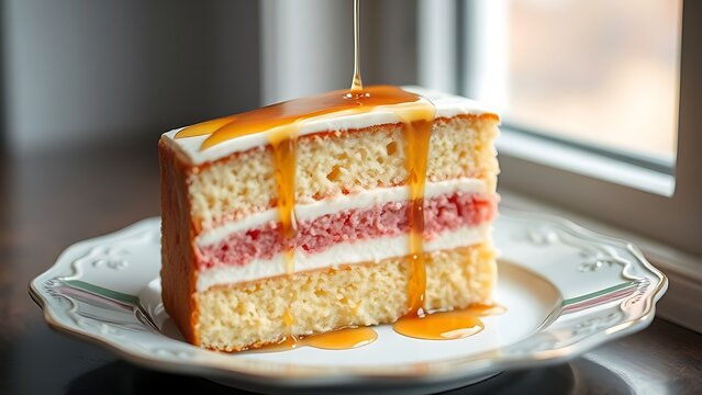 A slice of peach cake with pink and white layers on a porcelain plate.