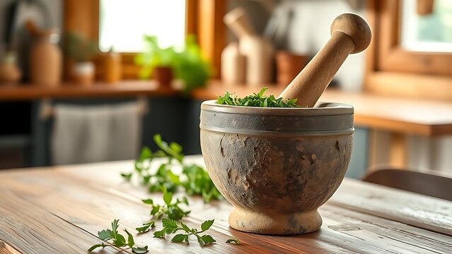 A rustic stone mortar and pestle with green herbal paste on a wooden table in a cozy kitchen.