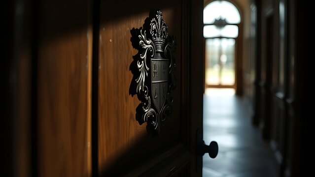 A heavy oak door with a carved crest, lit from the side in an empty hallway.