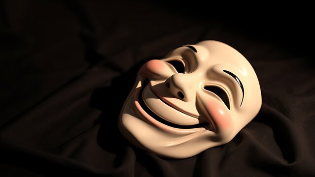 Theatrical comedy mask with wide grin on dark velvet cloth, soft spotlight.