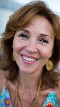 Close up of a beautiful middle aged woman making a playful kissy face, then transitioning into a genuine, happy smile. She wears a vibrant summer top and large earrings, captured in bright daylight