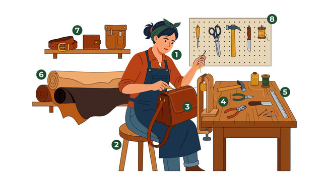 Woman sewing leather bag in workshop with various tools and materials around her