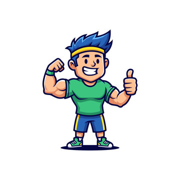 Happy cartoon man flexing bicep and giving thumbs up