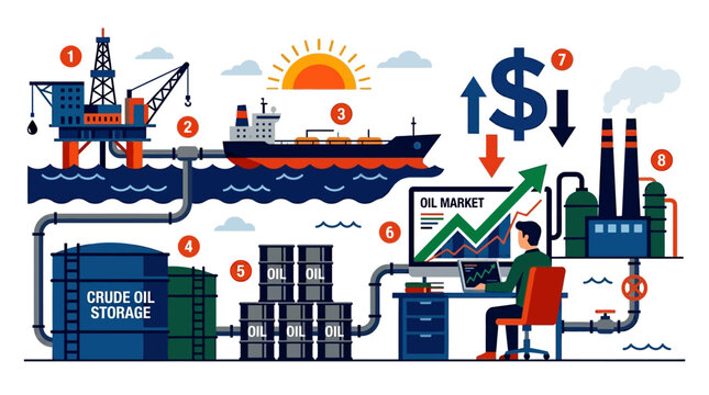 Oil production process from drilling platform to refining and market with financial impact
