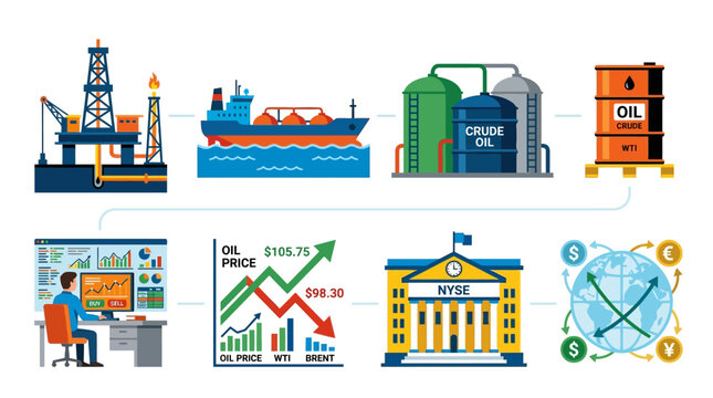 Oil industry and financial market concepts illustrated in a vibrant infographic showing crude oil extraction to trading