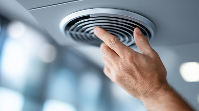 Extreme macro of a hand (faceless) adjusting a sleek minimalist ventilation grille in a modern office ceiling, Air Quality Control concept, sharp focus on the brushed metal and dus