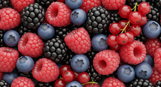 A vibrant, close-up overhead view of a rich assortment of fresh berries including raspberries, blueberries, blackberries, and red currants, perfect for healthy eating concepts.
