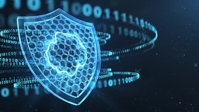Futuristic 3D animation of a glowing blue digital shield with hexagonal honeycomb pattern and binary code streams. Dark navy background on the right. 4k. Cyber security data protection concept.