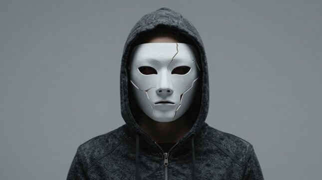 Mysterious Figure with White Mask and Hoodie Against Minimalist Background