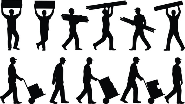 Silhouettes of men laborers are carrying large boxes and construction materials on a plain white background