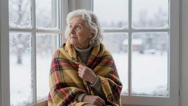 An elderly woman in a cozy plaid blanket sits by a frosty window, gazing out at the snowy landscape with a contemplative expression. Soft focus.