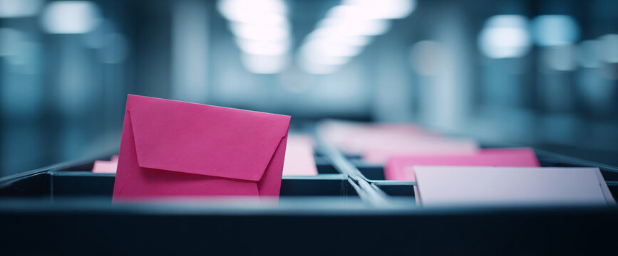 Pink envelopes in mail sorting bins