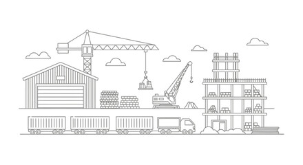 Fototapeta premium Industrial construction site with crane warehouse train and unfinished building under development showcasing infrastructure growth and urban expansion.