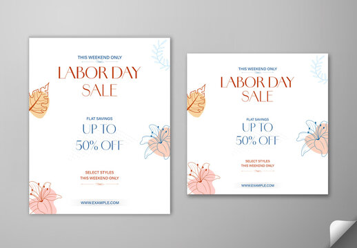 Editable Labor Day Sale Social Media Post Template Set with Half Price Offer and Minimalist Floral Line Art on White Background.