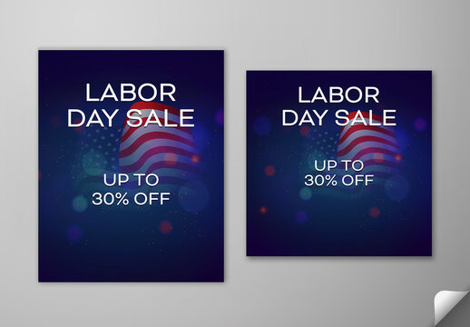 Editable Labor Day Sale Social Media Post Template Set with Up To 30% Off on USA Flag and Bokeh Lights Blue Background.