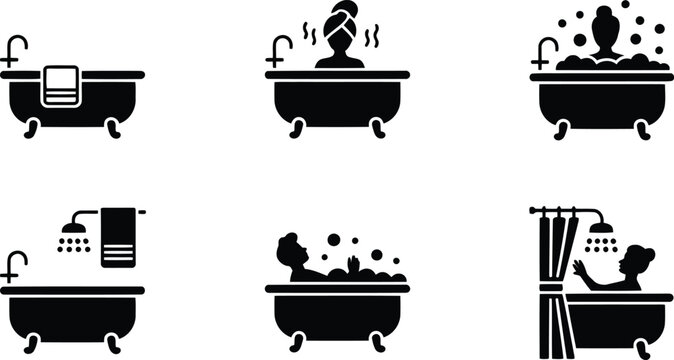 Simple black icon showing a classic clawfoot bathtub with a hanging towel and running water faucet