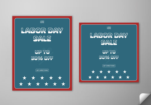 Editable Labor Day Sale Social Media Post Template Set with Half Price Offer and White Stars on Blue and Red Background.