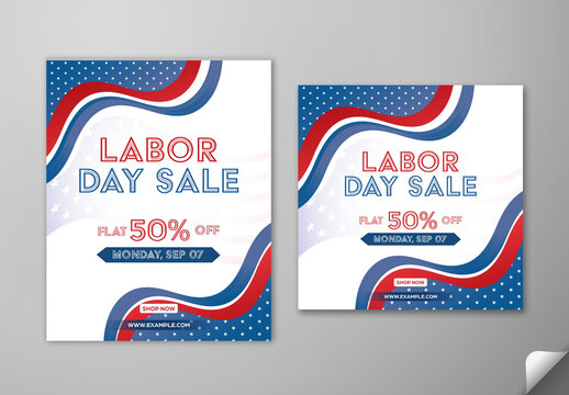 Editable Labor Day Sale Social Media Post Template Set with Half Price Offer in American Flag Color Theme.