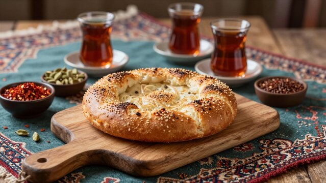 A traditional Middle Eastern meal with fresh khobz bread, spiced tea, and aromatic spices on a wooden table.