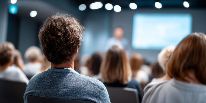 Audience listening to a speaker during a conference or seminar in a modern indoor venue with blurred background and focus on back of head