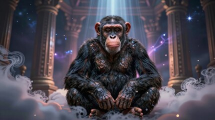 Fototapeta premium Majestic Chimpanzee in Ethereal Setting Surrounded by Mist and Light