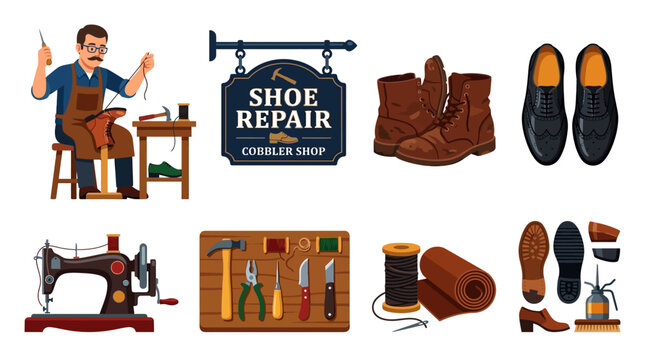 Shoe repair shop with cobbler and various tools